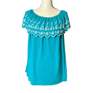 Adrianna Papell Tunic Blouse in Green Blue with Embroidered Collar Size XL